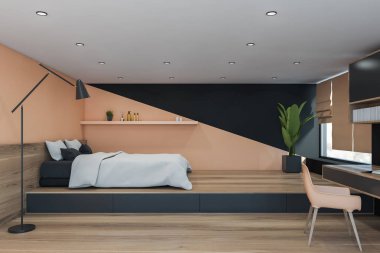 Masalı, bej ve siyah yatak odası.