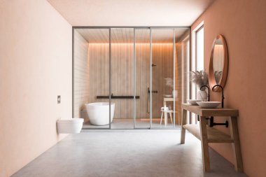 Duş ve tuvaletli bej ve ahşap banyo