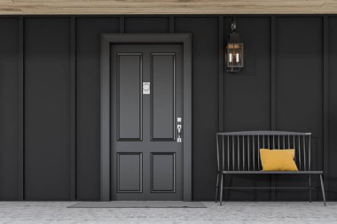 Black front door of black house with bench clipart