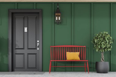 Black front door of green house with bench clipart