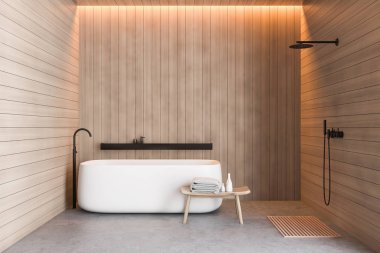 Wooden bathroom interior, shower and bathtub clipart