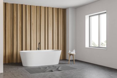 Küvetli beyaz ve ahşap banyo köşesi