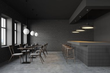 Barlı ve masalı koyu gri bir bar.