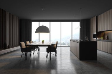 Panoramik gri ve ahşap mutfak iç mimarisi