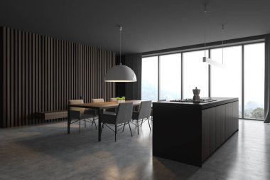 Kara panoramik ahşap mutfak köşesi ve ada.