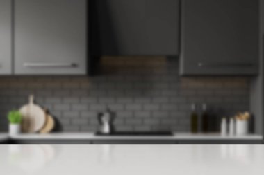 Table for product in blurry gray kitchen interior