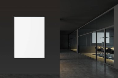 Posteri ve toplantı odası olan gri ofis.