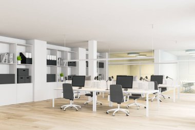 Kitaplıklı beyaz açık alan ofis köşesi