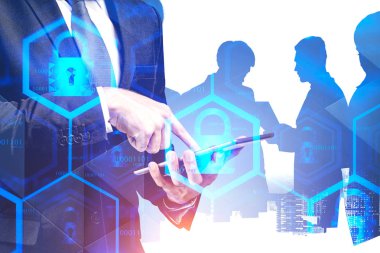 Man with tablet and team, cyber security interface