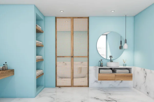 Witte marmer en blauwe badkamer interieur — Stockfoto
