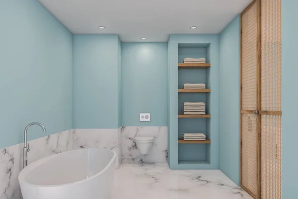 White marble and blue bathroom, tub and toilet — Stock Photo, Image