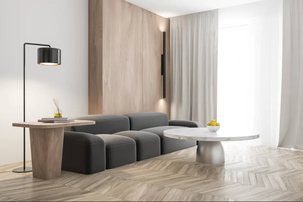 White and wooden living room corner, gray sofa — Stock Photo, Image