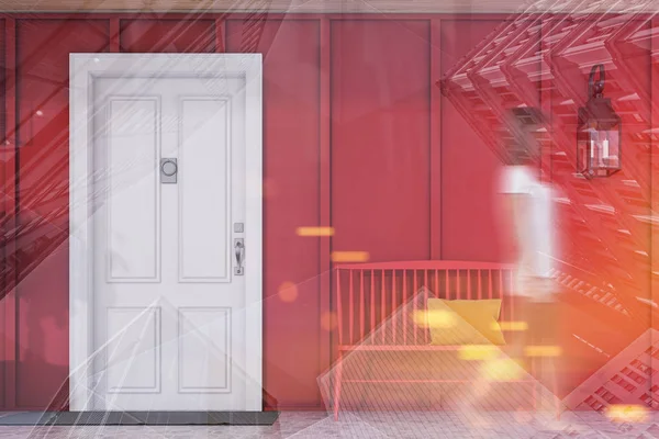 Mujer pasando por la puerta blanca de la casa roja — Foto de Stock