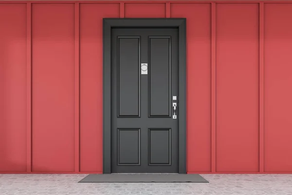 Porta d'ingresso nera della casa rossa con stuoia — Foto Stock