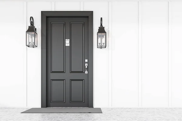 Puerta delantera negra de la casa blanca con la estera — Foto de Stock