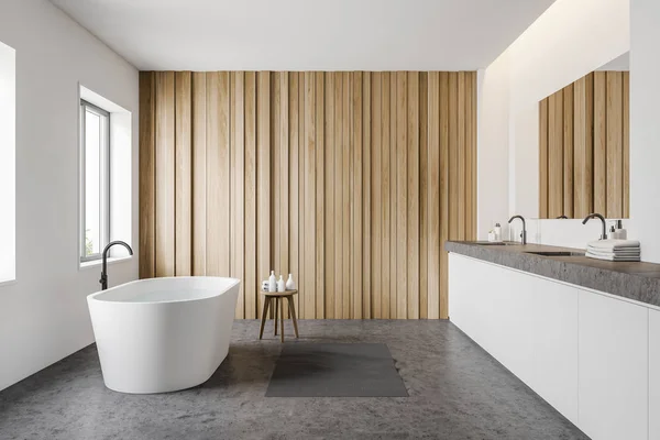싱크대와 욕조가 딸린 하얗고 나무로 된 욕실 — 스톡 사진