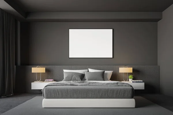 Dunkelgrauer Schlafzimmerinnenraum mit Poster — Stockfoto