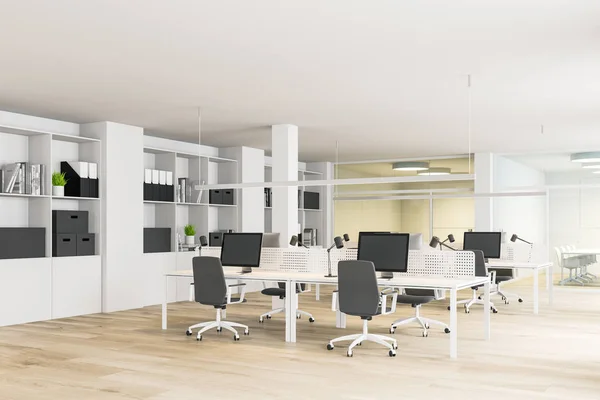 Biała otwarta przestrzeń biurowa z Regał — Zdjęcie stockowe