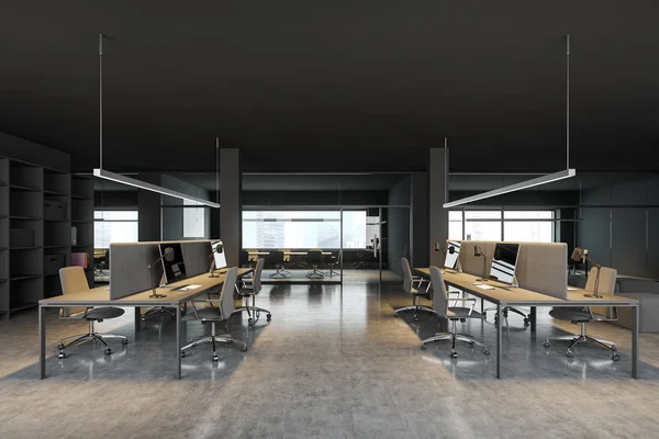 Donkergrijs open ruimte kantoor, zijaanzicht — Stockfoto