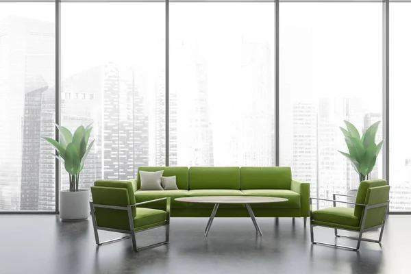 Sala de espera de escritório panorâmico com sofá verde — Fotografia de Stock