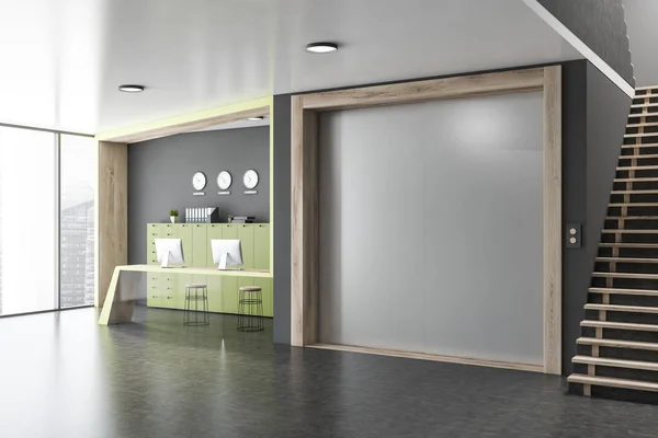 Gray office elevator hall with reception