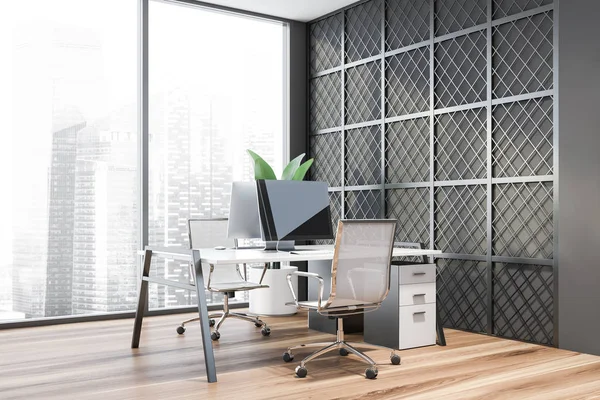 Posto di lavoro ufficio panoramico grigio e metallo — Foto Stock