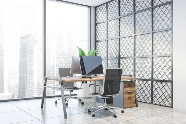 Panoramic white and metal office workplace — Stockfoto