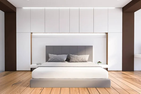 Bílý a dřevěný interiér ložnice — Stock fotografie