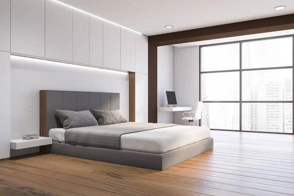 Sudut kamar tidur putih dan kayu dengan kantor rumah — Stok Foto