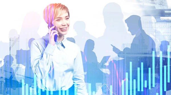 Smiling businesswoman on phone and her team — Stock Photo, Image