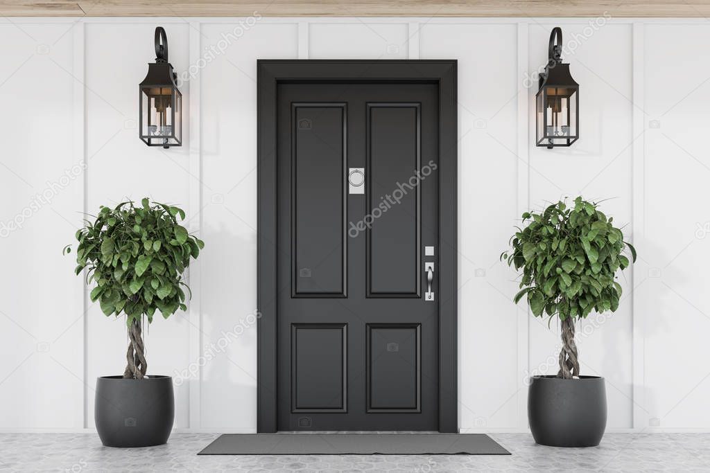 Black front door of white house with trees