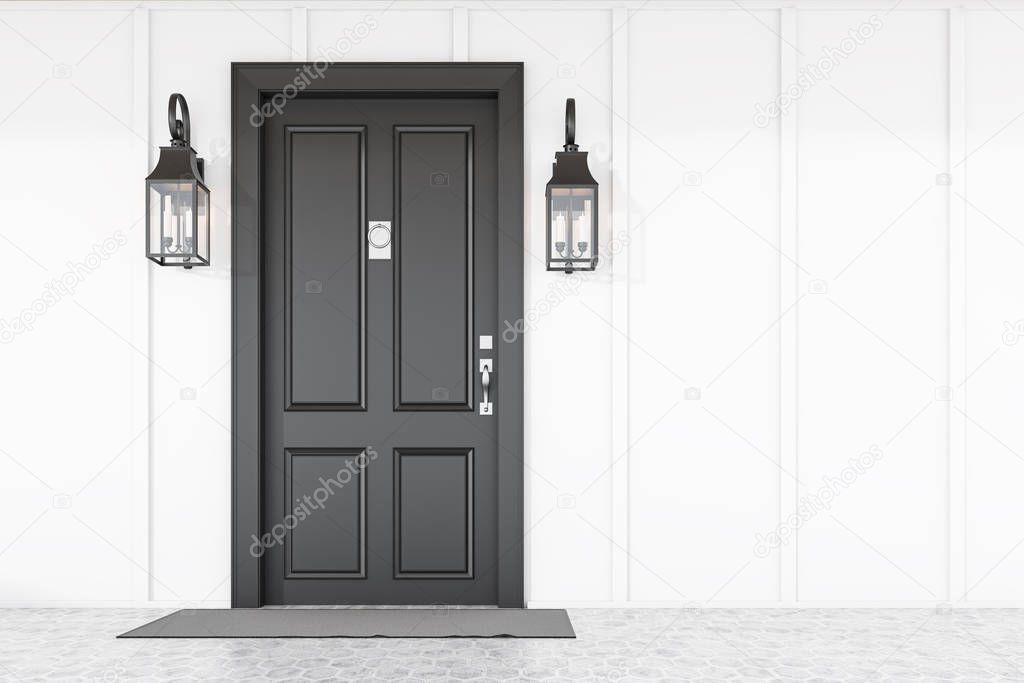 Black front door of white house with mat