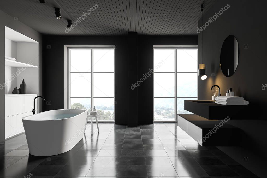 Spacious gray bathroom interior with cabinet