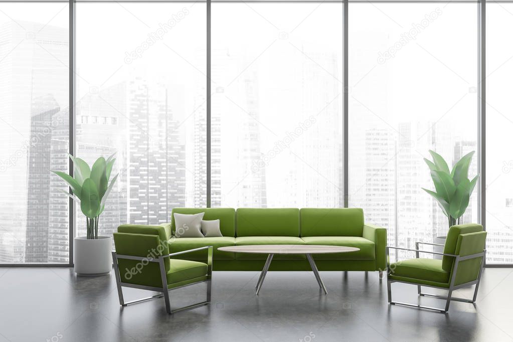 Panoramic office waiting room with green sofa