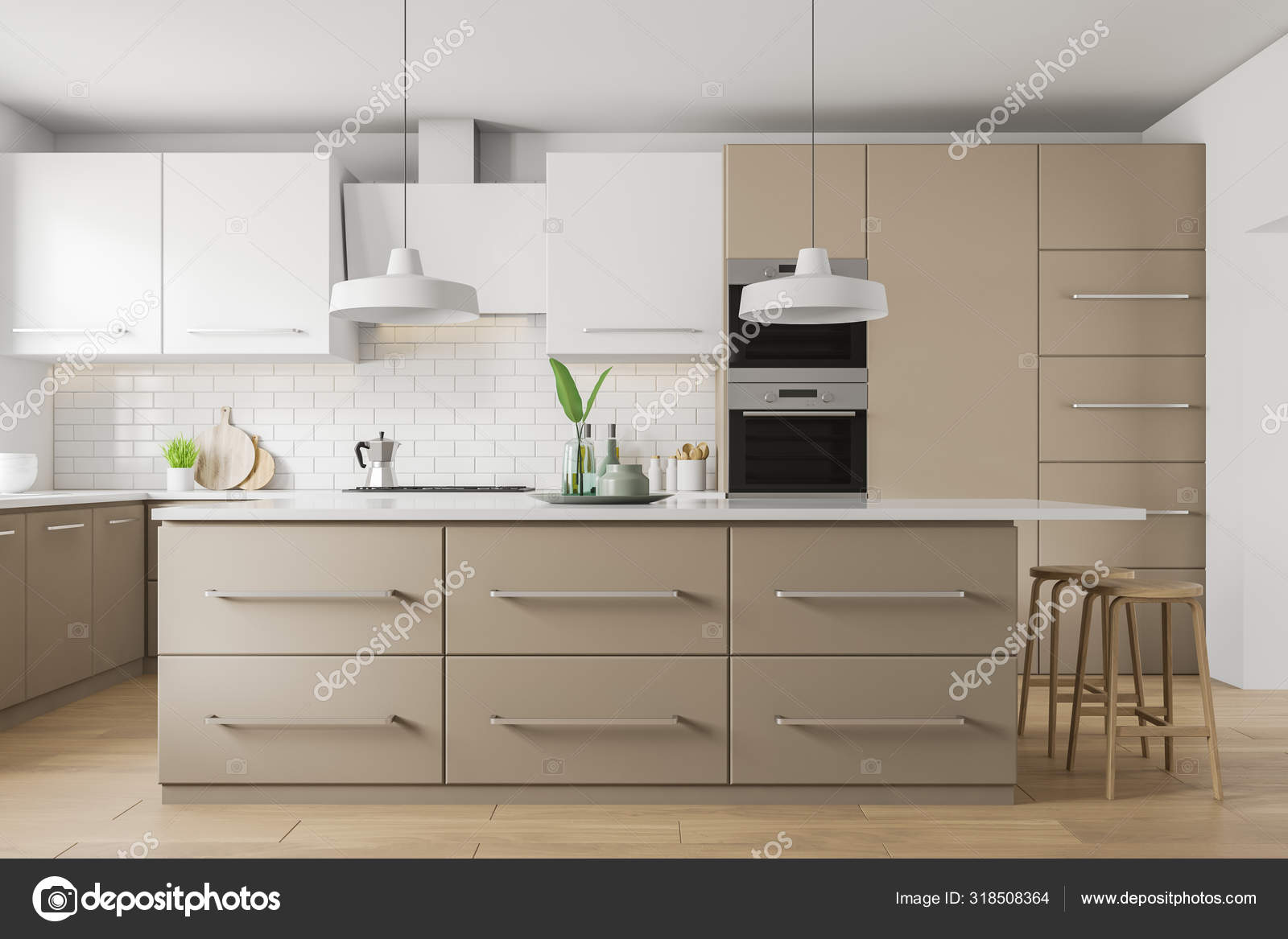 White and beige kitchen interior with bar Stock Photo by