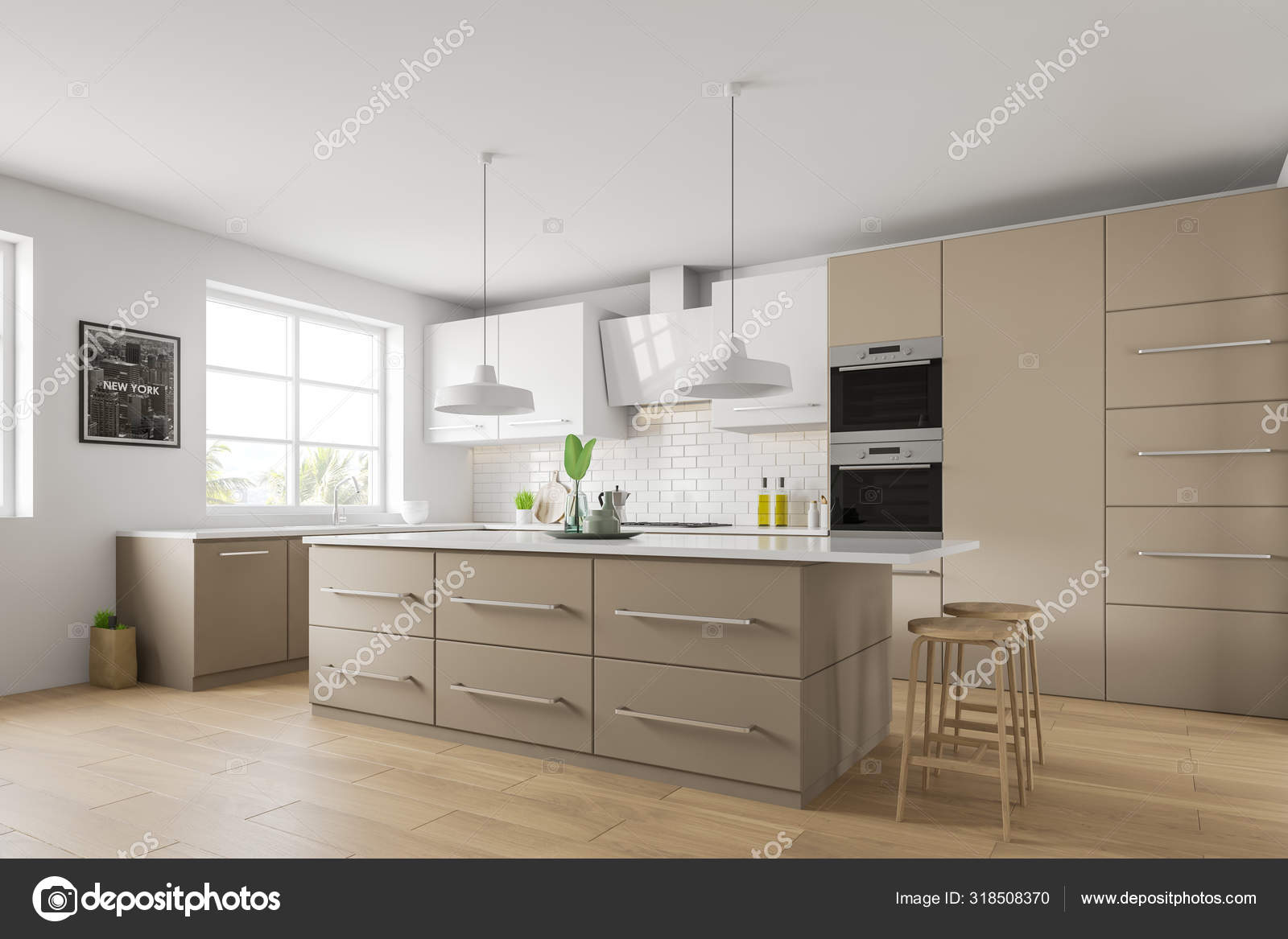 White And Beige Kitchen Corner Bar And Picture Stock Photo