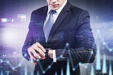 Businessman with watch in night city, chart clipart