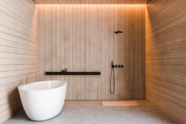 Wooden bathroom interior, shower and tub clipart
