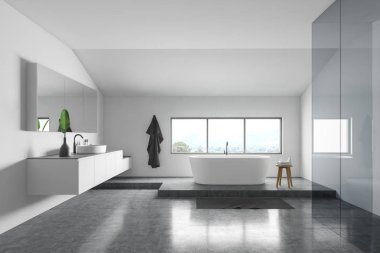Minimalist beyaz banyo içi, küvet ve lavabo
