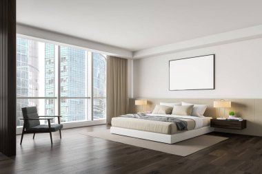 Beyaz yatak odası köşesi, koltuk ve poster