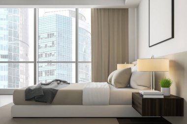 Pencereli beyaz yatak odasının yan görünümü