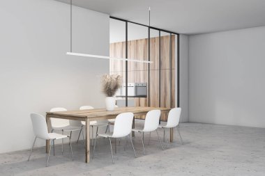 Beyaz ve ahşap yemek odası ve mutfak