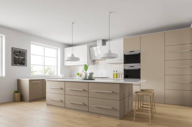 Beyaz ve bej mutfak köşesi, bar ve resim