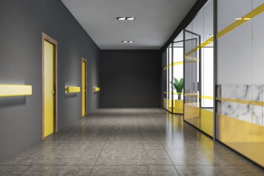 Sarı kapıları olan boş bir ofis.