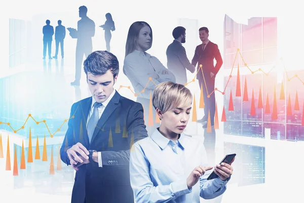 Diverse business team with gadgets, chart — Stock Photo, Image