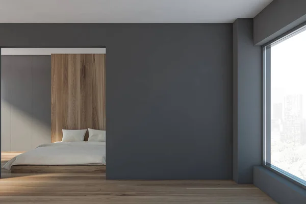 Grå och trä minimalistiskt sovrum, mock up — Stockfoto
