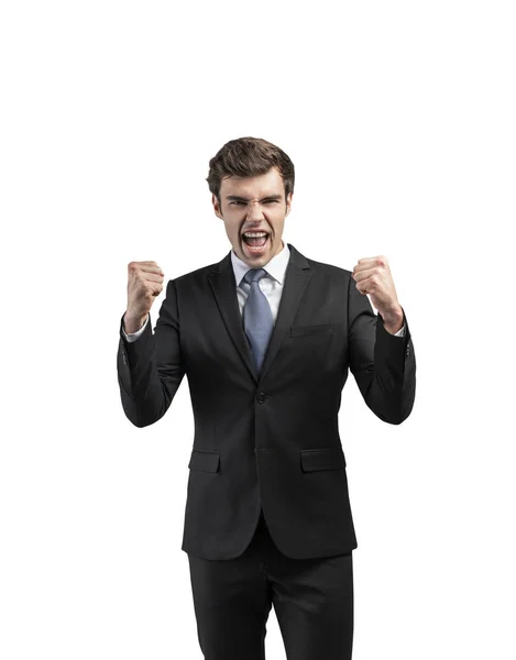 Happy successful businessman shouting, isolated — Stock Photo, Image