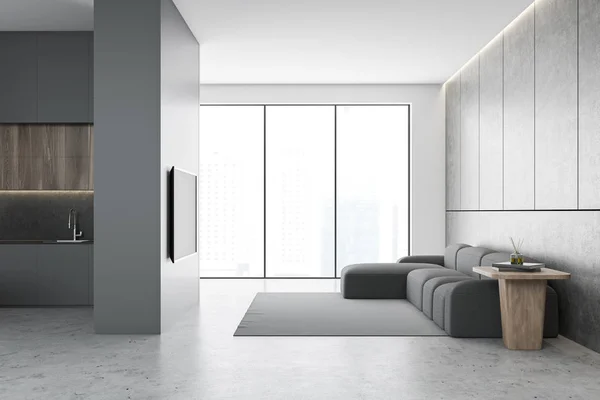 TV 가 있는 회색 과 흰색 거실 — 스톡 사진