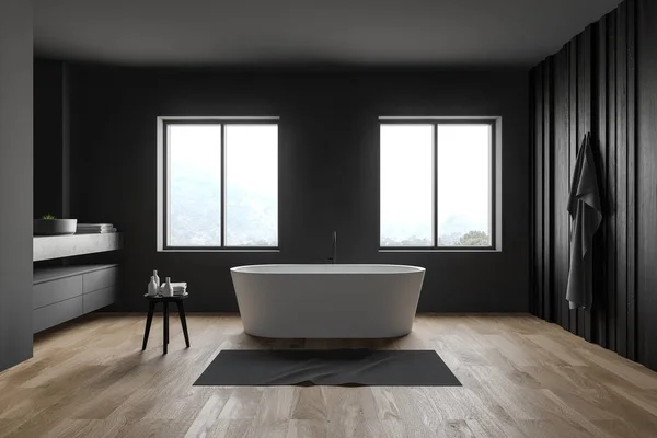 Εσωτερικό του γκρι και σκούρο ξύλινο μπάνιο — Φωτογραφία Αρχείου