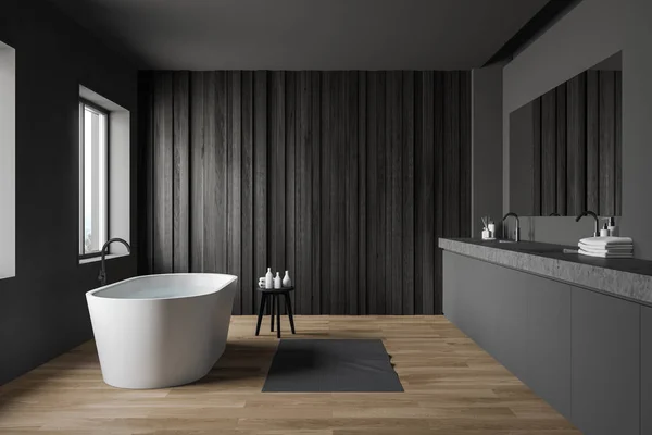 Baño de madera gris y oscura con lavabo y bañera —  Fotos de Stock